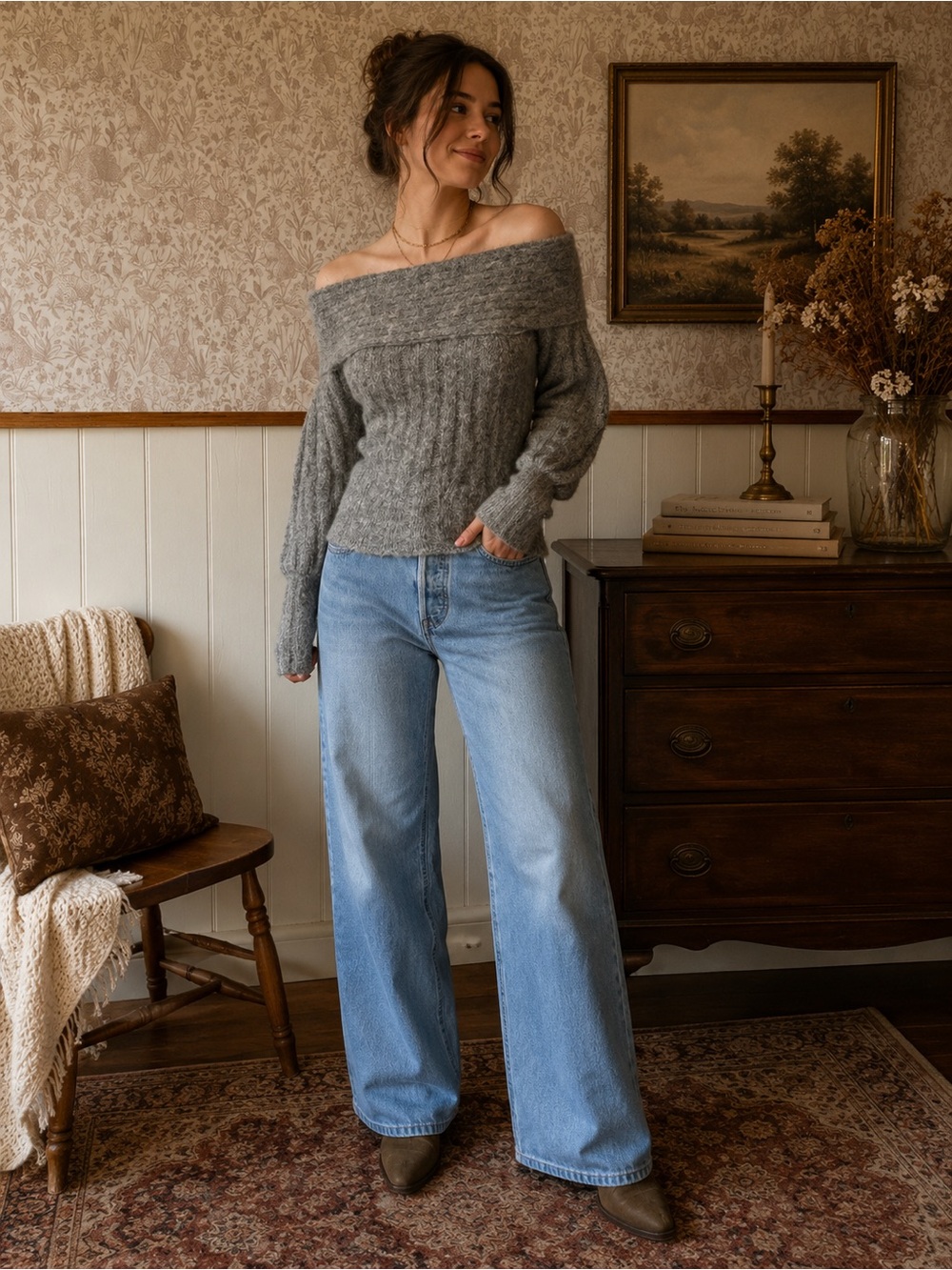Anthropologie Pilcro Gray Off-the-Shoulder Ribbed Knit Sweater